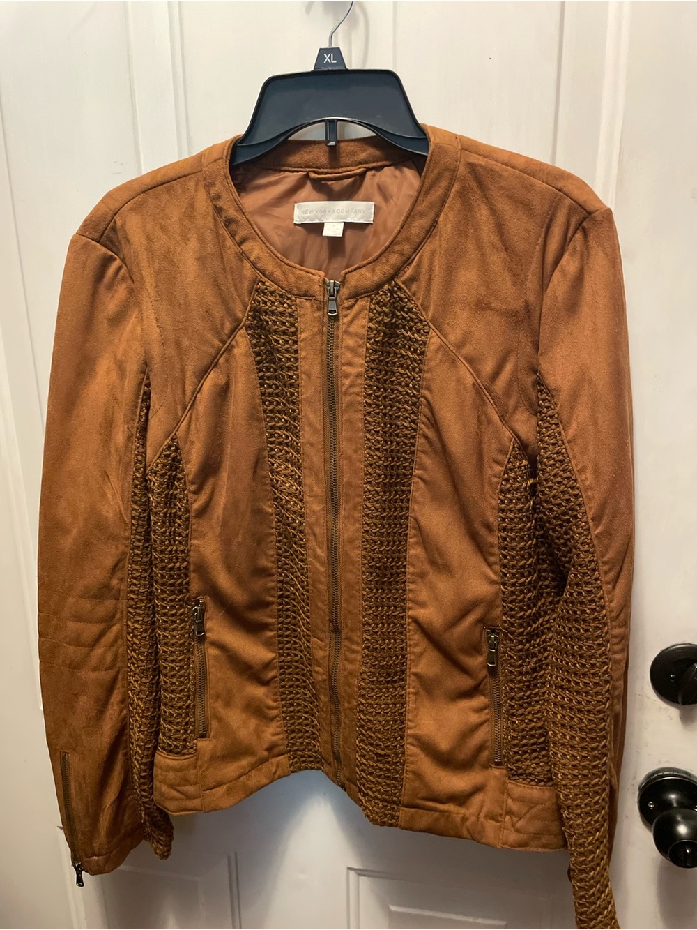 Rich Golden Brown Faux Suede Zip-Front Jacket with Braided Panel, XL, like New!